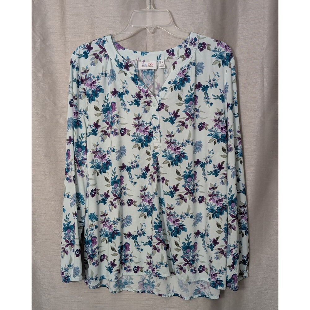 Denim & Company Women's LARGE Multicolor Floral Long Sleeve Henley Career Boho